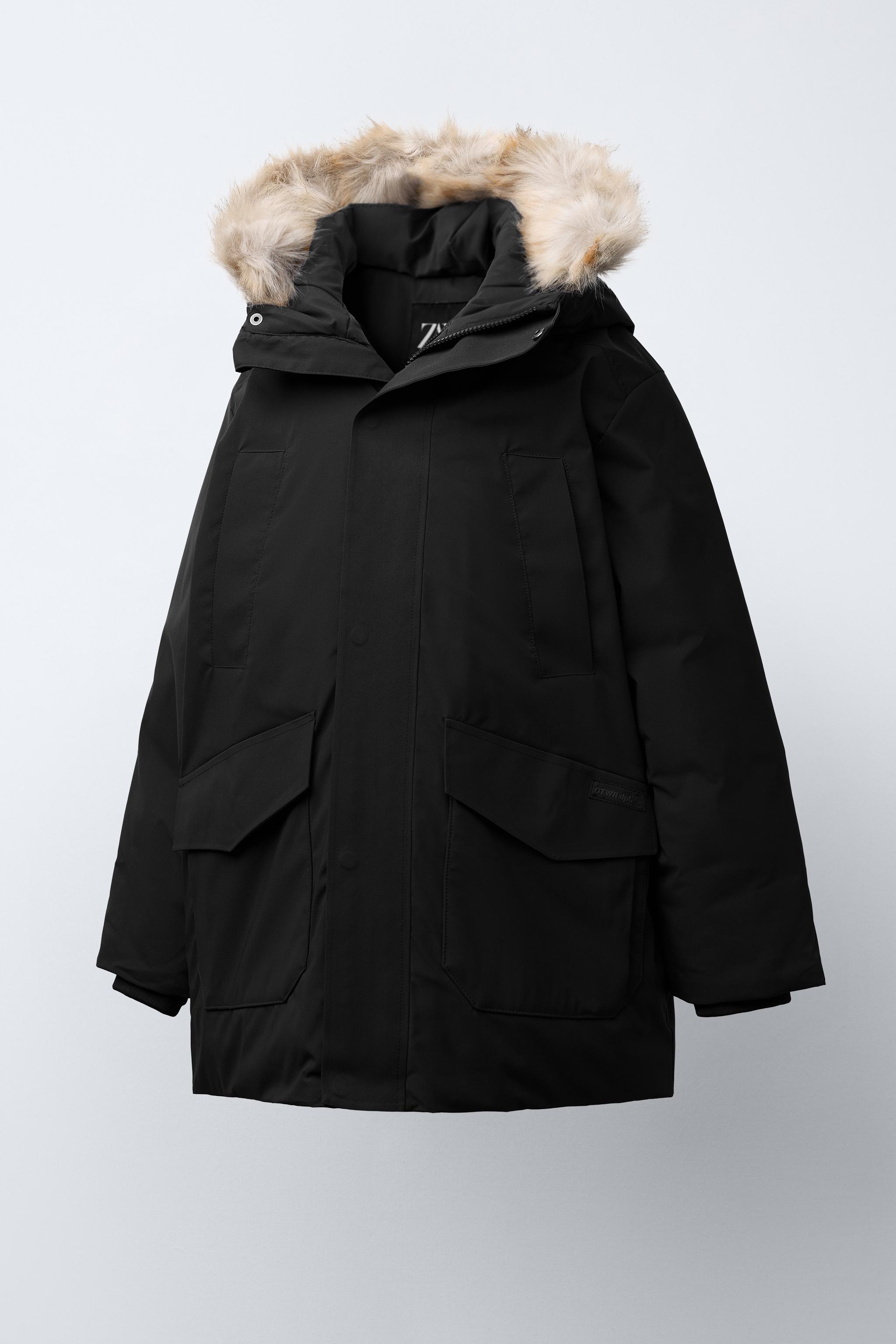 LONG WATER REPELLENT FEATHER DOWN PUFFER COAT WITH REMOVABLE FAUX FUR TRIM HOODIE